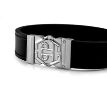 Laden Sie das Bild in den Galerie-Viewer, Philipp Plein Herren Armband Leder silber HEXAGON TACTICAL BUCKLE PJVEA01BL