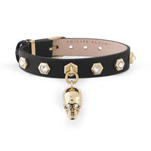 Laden Sie das Bild in den Galerie-Viewer, Philipp Plein Damen Armband Leder Edelstahl IP Gold 3D SKULL PJ3AA13BU