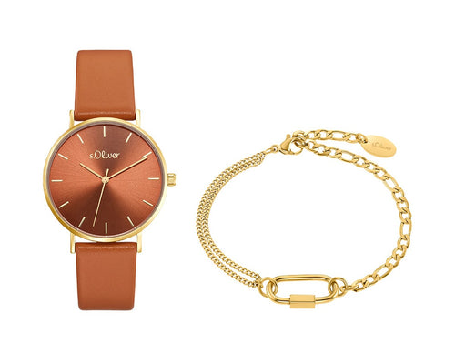 s.Oliver Damen Uhr Armbanduhr Leder - Set mit Armband 2034690