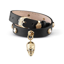 Laden Sie das Bild in den Galerie-Viewer, Philipp Plein Damen Armband Leder Edelstahl IP Gold 3D SKULL PJ3AA16BU