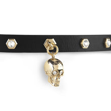 Laden Sie das Bild in den Galerie-Viewer, Philipp Plein Damen Armband Leder Edelstahl IP Gold 3D SKULL PJ3AA16BU