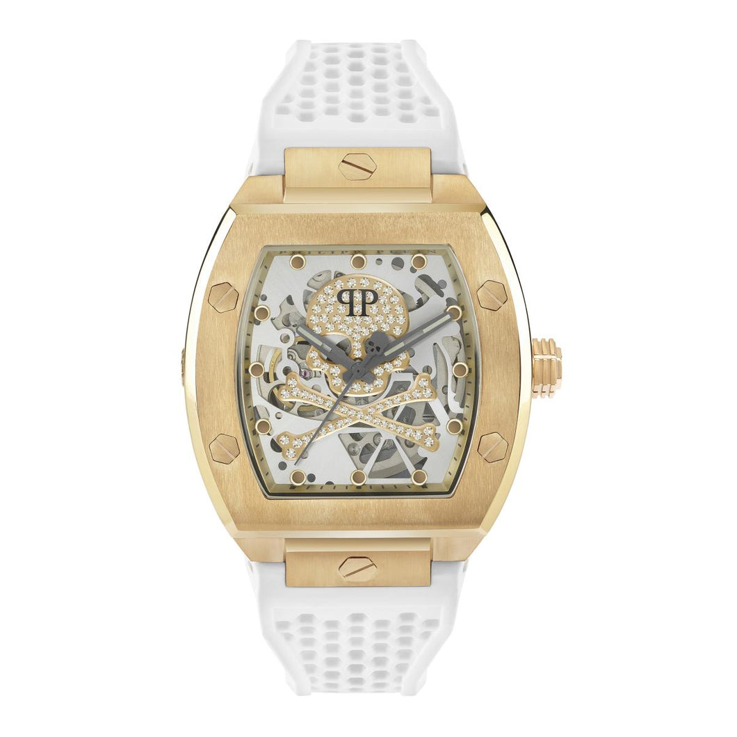 Philipp Plein Herren Uhr Automatik $KELETON gold Kristalle PWBAA0421 Silikon