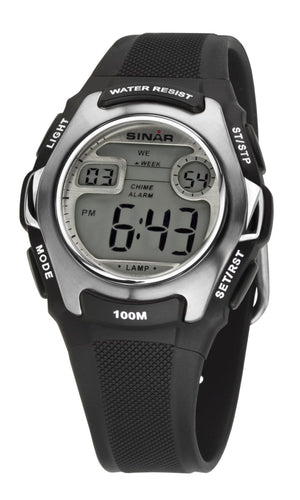 SINAR Jugenduhr Kinder Armbanduhr Digital Quarz Silikon XE-50-1 schwarz silber