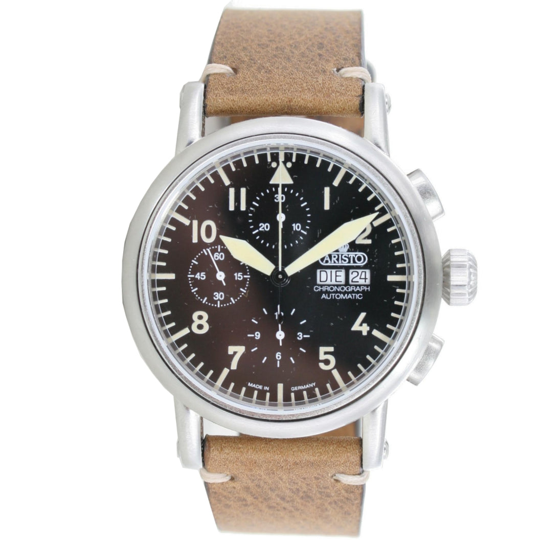 Aristo Herren Uhr Automatic Edelstahl Vintage Chrono 7H186 Leder