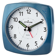 Laden Sie das Bild in den Galerie-Viewer, ATRIUM Wecker Analog Quarz blau metallic A251-5 ohne Ticken mit Licht und Snooze